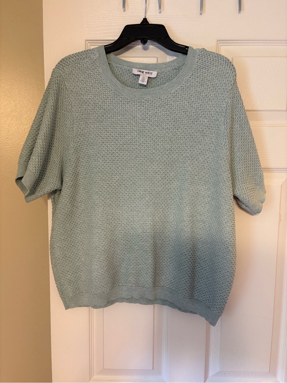 Nine West Sweater Top Size XL Sage Green Textured Knit Short Sleeve Pullover